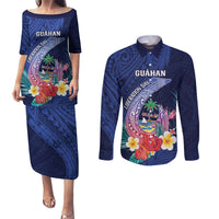 Personalised Guam Liberation Day Couples Matching Puletasi and Long Sleeve Button Shirt Happy 80th Anniversary Fish Hook Mix Tropical Flowers LT14 Blue - Polynesian Pride