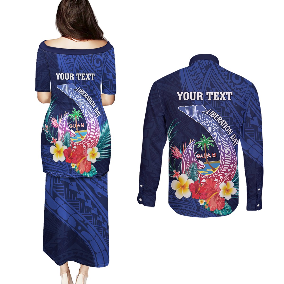 Personalised Guam Liberation Day Couples Matching Puletasi and Long Sleeve Button Shirt Happy 80th Anniversary Fish Hook Mix Tropical Flowers LT14 - Polynesian Pride