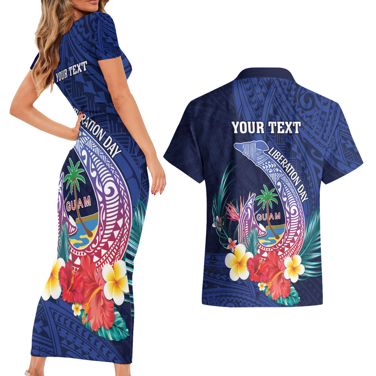 Personalised Guam Liberation Day Couples Matching Short Sleeve Bodycon Dress and Hawaiian Shirt Happy 80th Anniversary Fish Hook Mix Tropical Flowers
