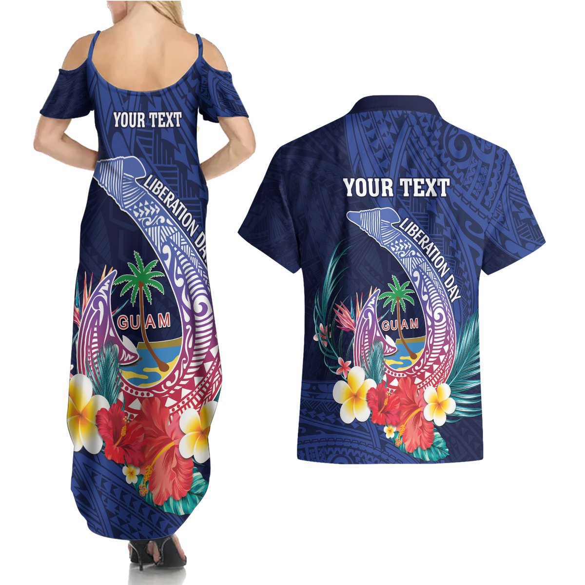 Personalised Guam Liberation Day Couples Matching Summer Maxi Dress and Hawaiian Shirt Happy 80th Anniversary Fish Hook Mix Tropical Flowers
