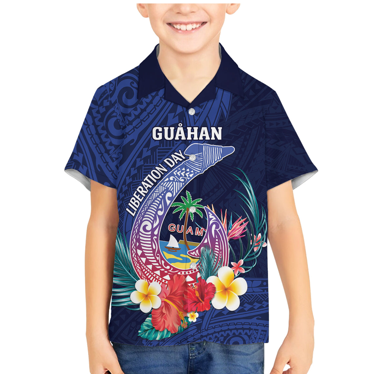 Personalised Guam Liberation Day Family Matching Mermaid Dress and Hawaiian Shirt Happy 80th Anniversary Fish Hook Mix Tropical Flowers