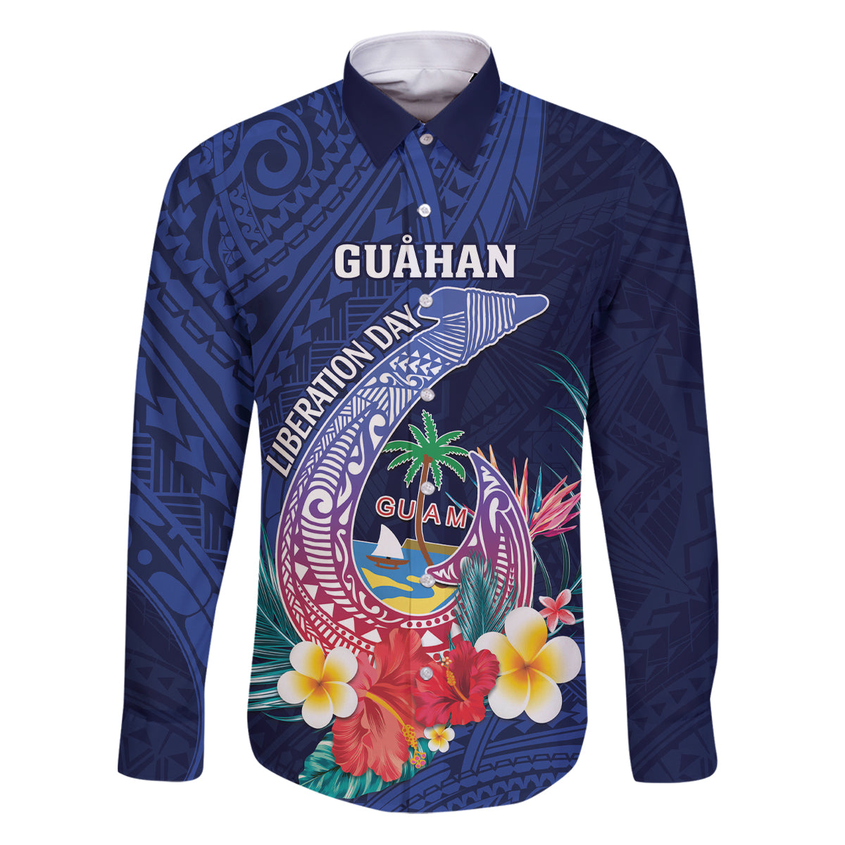 Personalised Guam Liberation Day Family Matching Puletasi and Hawaiian Shirt Happy 80th Anniversary Fish Hook Mix Tropical Flowers