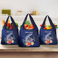 Personalised Guam Liberation Day Grocery Bag Happy 80th Anniversary Fish Hook Mix Tropical Flowers