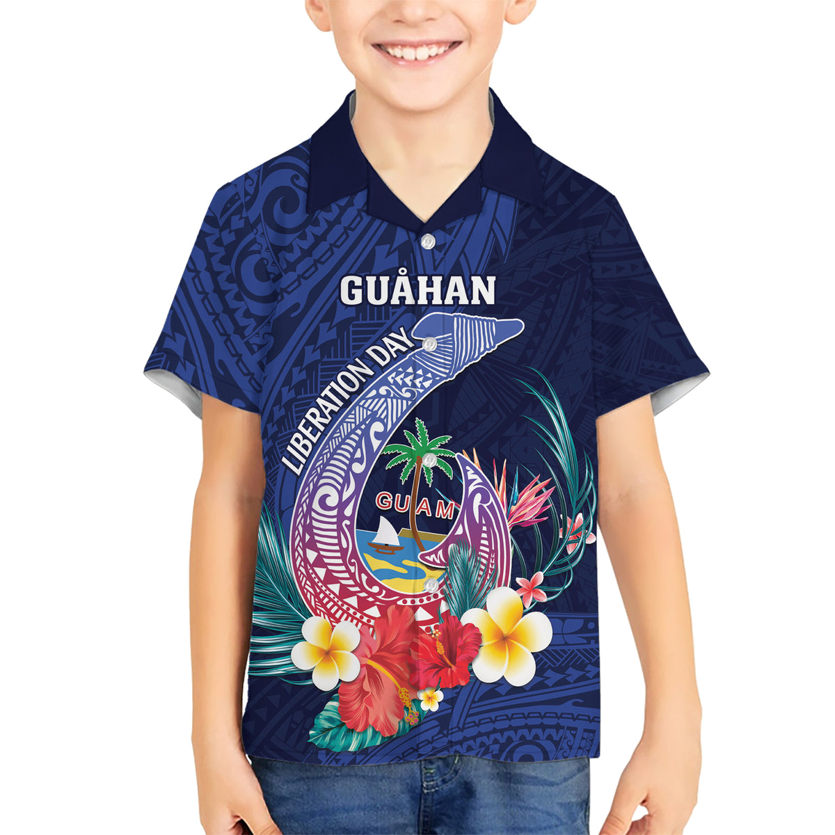 Personalised Guam Liberation Day Kid Hawaiian Shirt Happy 80th Anniversary Fish Hook Mix Tropical Flowers LT14 Kid Blue - Polynesian Pride