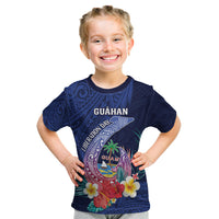 Personalised Guam Liberation Day Kid T Shirt Happy 80th Anniversary Fish Hook Mix Tropical Flowers LT14 Blue - Polynesian Pride