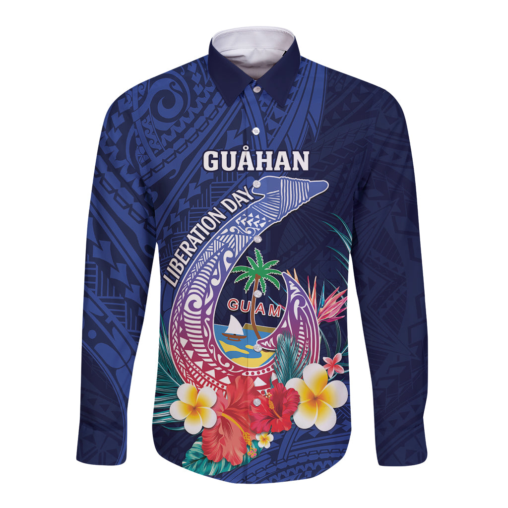 Personalised Guam Liberation Day Long Sleeve Button Shirt Happy 80th Anniversary Fish Hook Mix Tropical Flowers LT14 Unisex Blue - Polynesian Pride