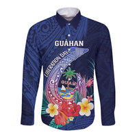 Personalised Guam Liberation Day Long Sleeve Button Shirt Happy 80th Anniversary Fish Hook Mix Tropical Flowers LT14 Unisex Blue - Polynesian Pride