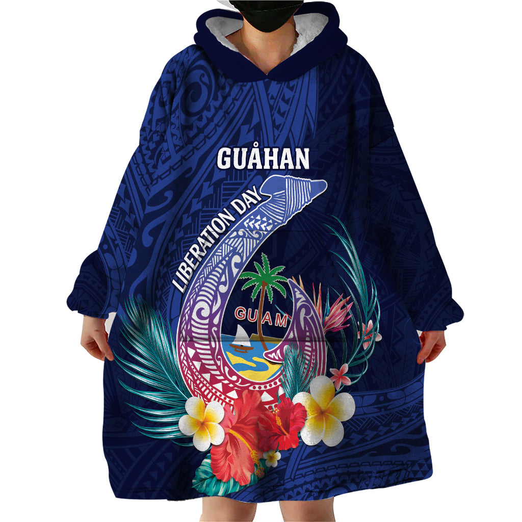 Personalised Guam Liberation Day Wearable Blanket Hoodie Happy 80th Anniversary Fish Hook Mix Tropical Flowers