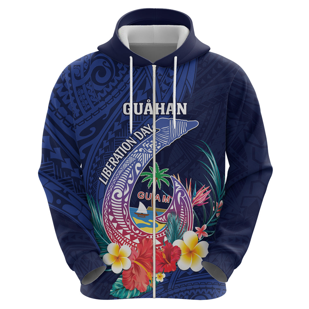 Personalised Guam Liberation Day Zip Hoodie Happy 80th Anniversary Fish Hook Mix Tropical Flowers