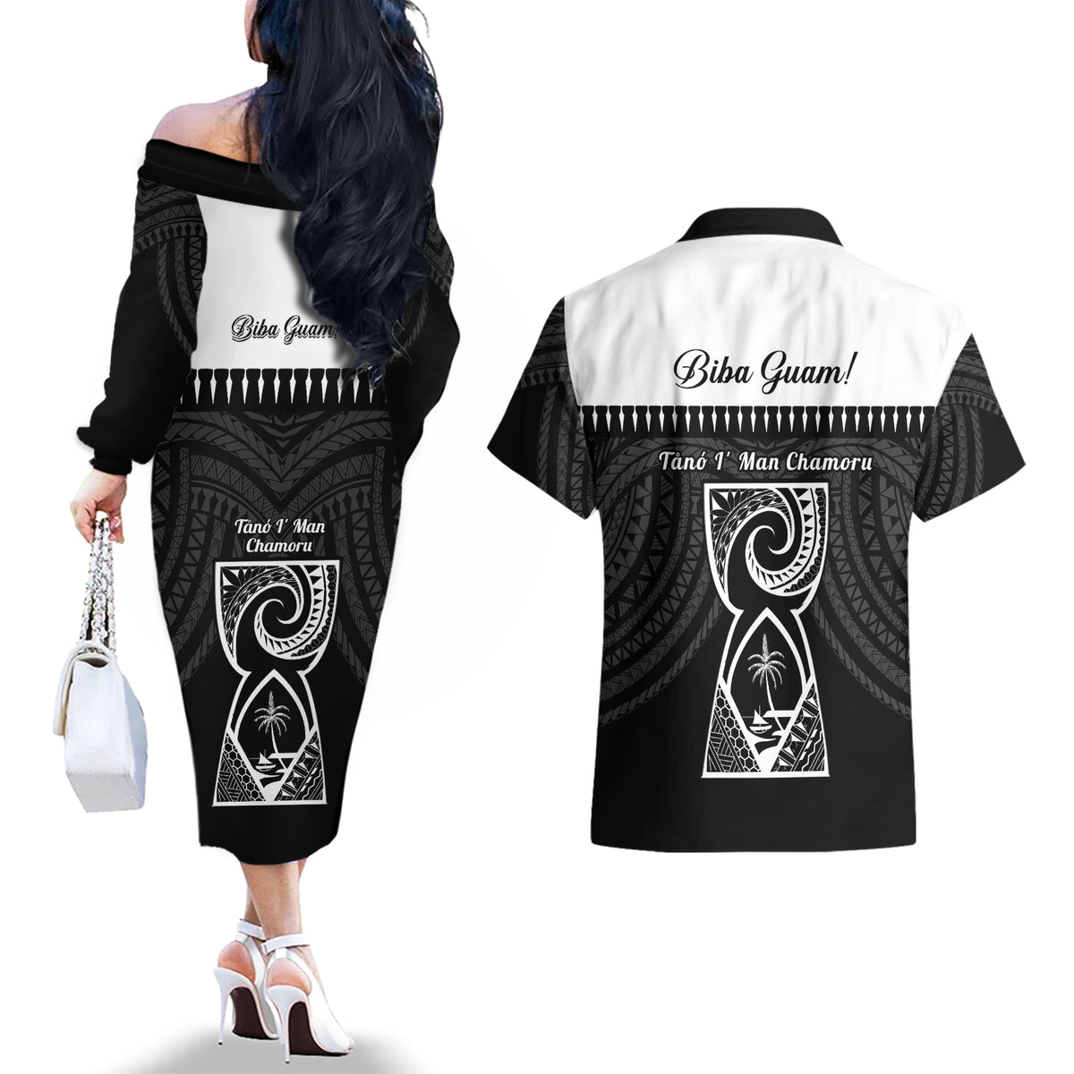 Guam Liberation Day Couples Matching Off The Shoulder Long Sleeve Dress and Hawaiian Shirt Biba Guahan Chamorro 80th Anniversary - Black
