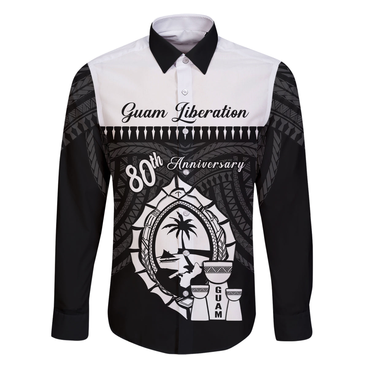 Guam Liberation Day Family Matching Off The Shoulder Long Sleeve Dress and Hawaiian Shirt Biba Guahan Chamorro 80th Anniversary - Black