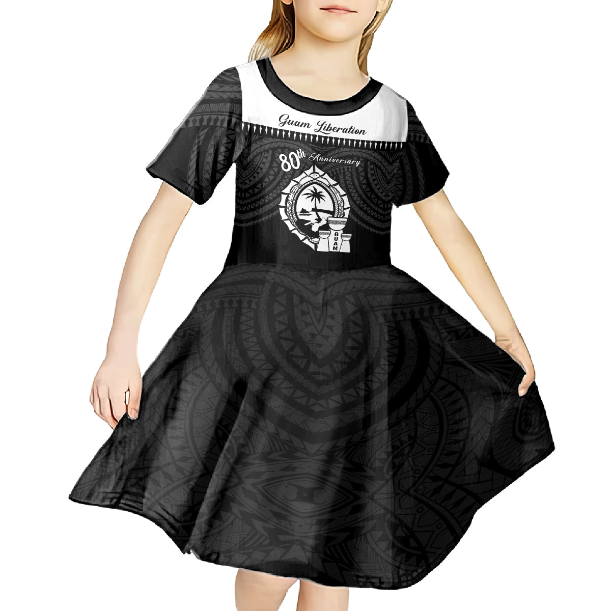 Guam Liberation Day Kid Short Sleeve Dress Biba Guahan Chamorro 80th Anniversary - Black LT14 - Polynesian Pride