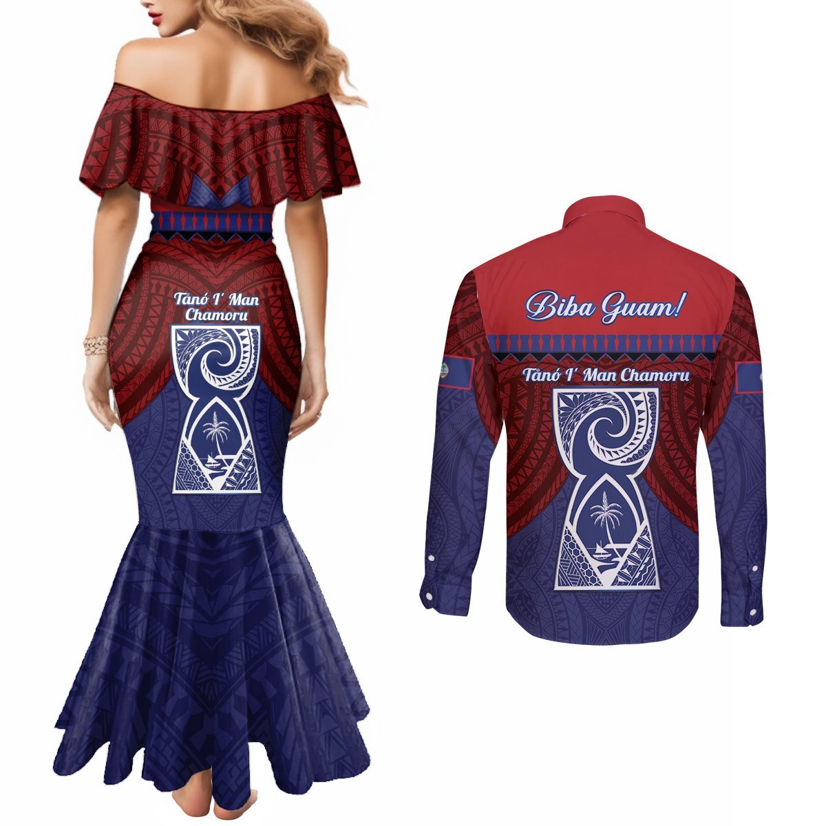 Guam Liberation Day Couples Matching Mermaid Dress and Long Sleeve Button Shirt Biba Guahan Chamorro 80th Anniversary - Blue LT14 - Polynesian Pride