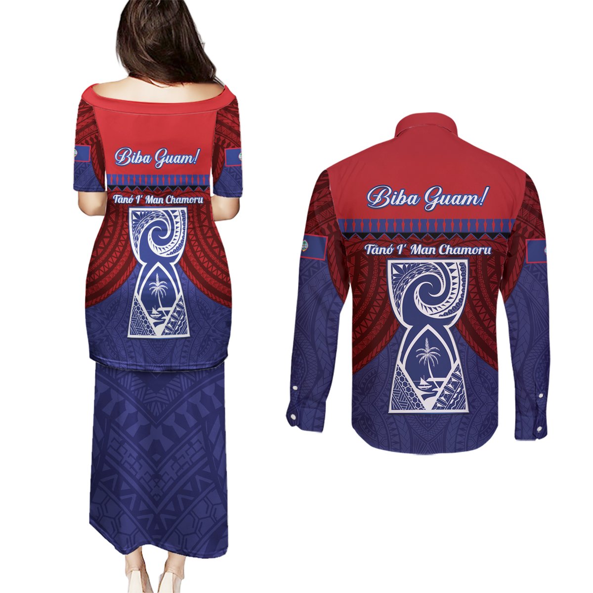 Guam Liberation Day Couples Matching Puletasi and Long Sleeve Button Shirt Biba Guahan Chamorro 80th Anniversary - Blue LT14 - Polynesian Pride
