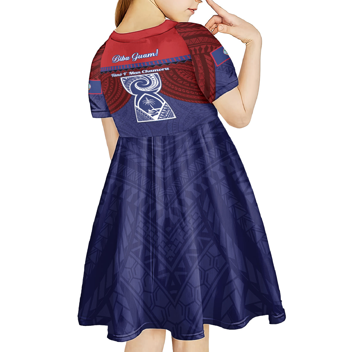 Guam Liberation Day Kid Short Sleeve Dress Biba Guahan Chamorro 80th Anniversary - Blue LT14 - Polynesian Pride