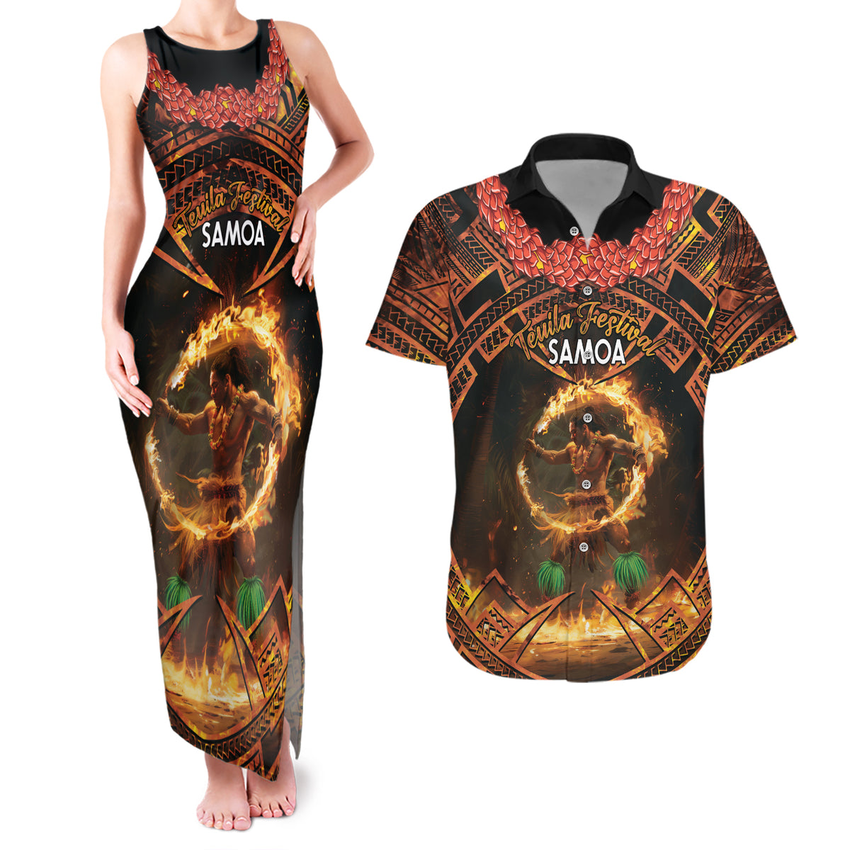 Samoa Teuila 2024 Festival Couples Matching Tank Maxi Dress and Hawaiian Shirt Samoan Siva Afi With Red Gingers LT14 Black - Polynesian Pride