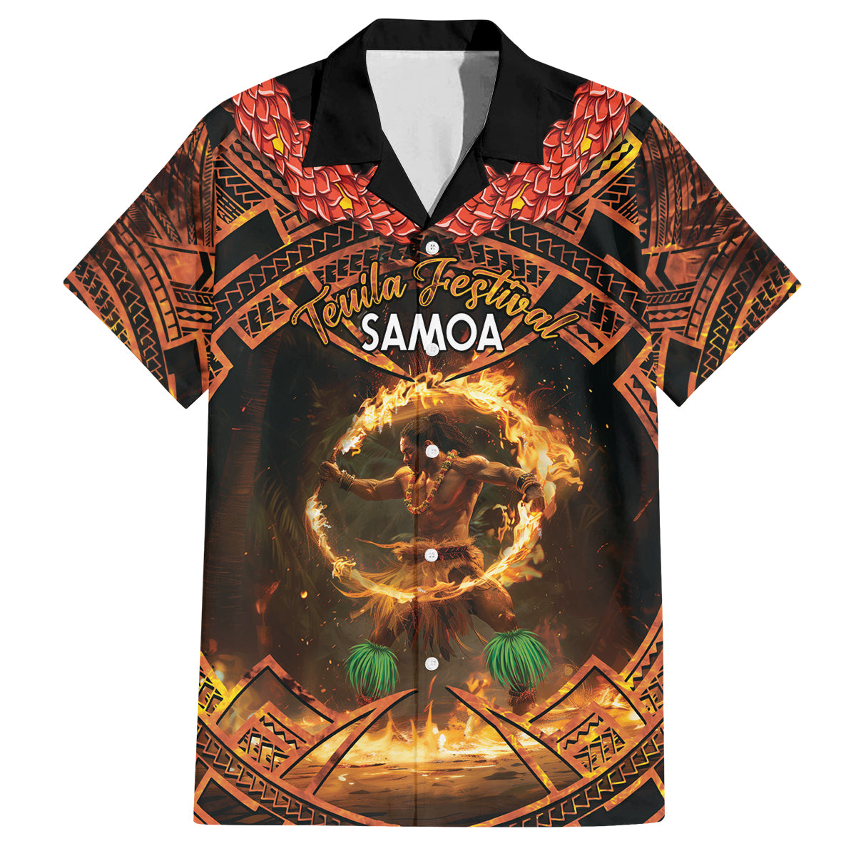 Samoa Teuila 2024 Festival Family Matching Off Shoulder Short Dress and Hawaiian Shirt Samoan Siva Afi With Red Gingers