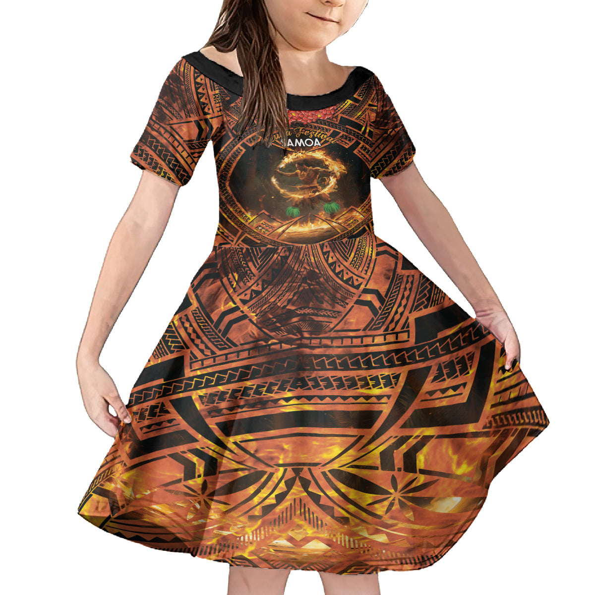 Samoa Teuila 2024 Festival Kid Short Sleeve Dress Samoan Siva Afi With Red Gingers LT14 KID Black - Polynesian Pride
