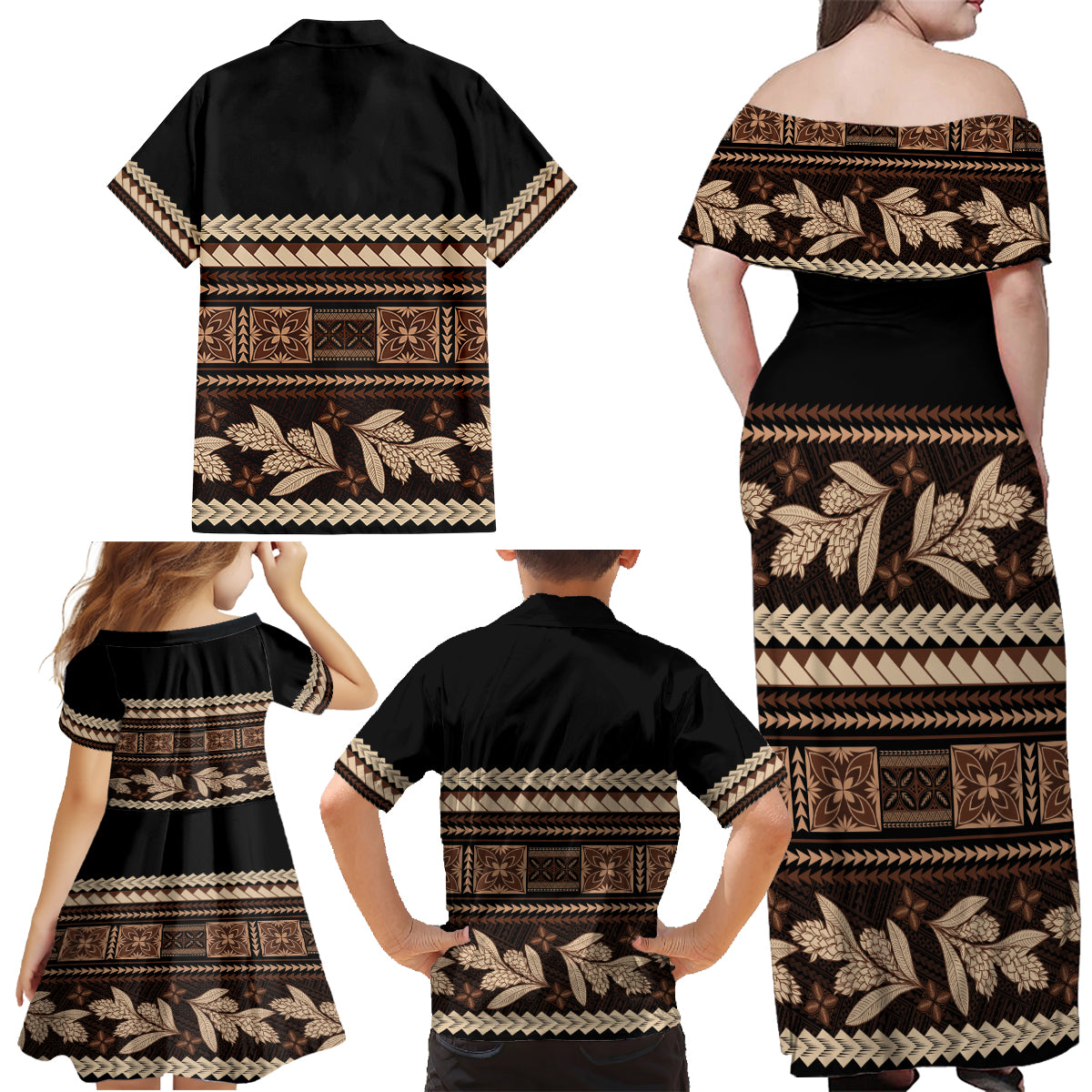Black Samoa Siapo Teuila Flowers Family Matching Off Shoulder Maxi Dress and Hawaiian Shirt