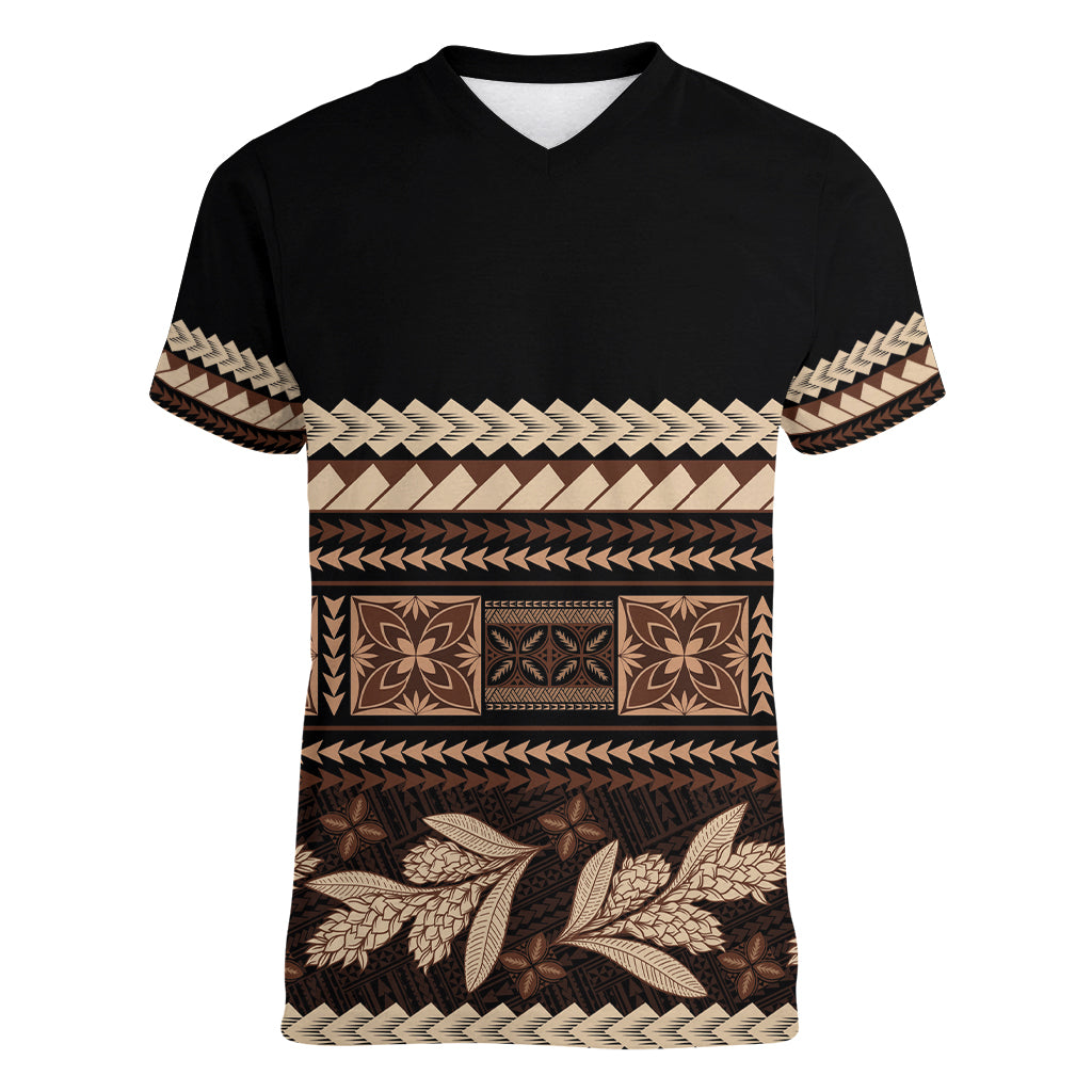 Black Samoa Siapo Teuila Flowers Women V-Neck T-Shirt