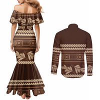 Brown Samoa Siapo Teuila Flowers Couples Matching Mermaid Dress and Long Sleeve Button Shirt