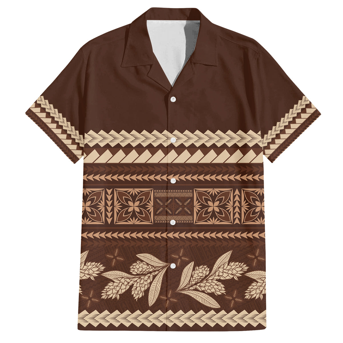 Brown Samoa Siapo Teuila Flowers Family Matching Off Shoulder Short Dress and Hawaiian Shirt