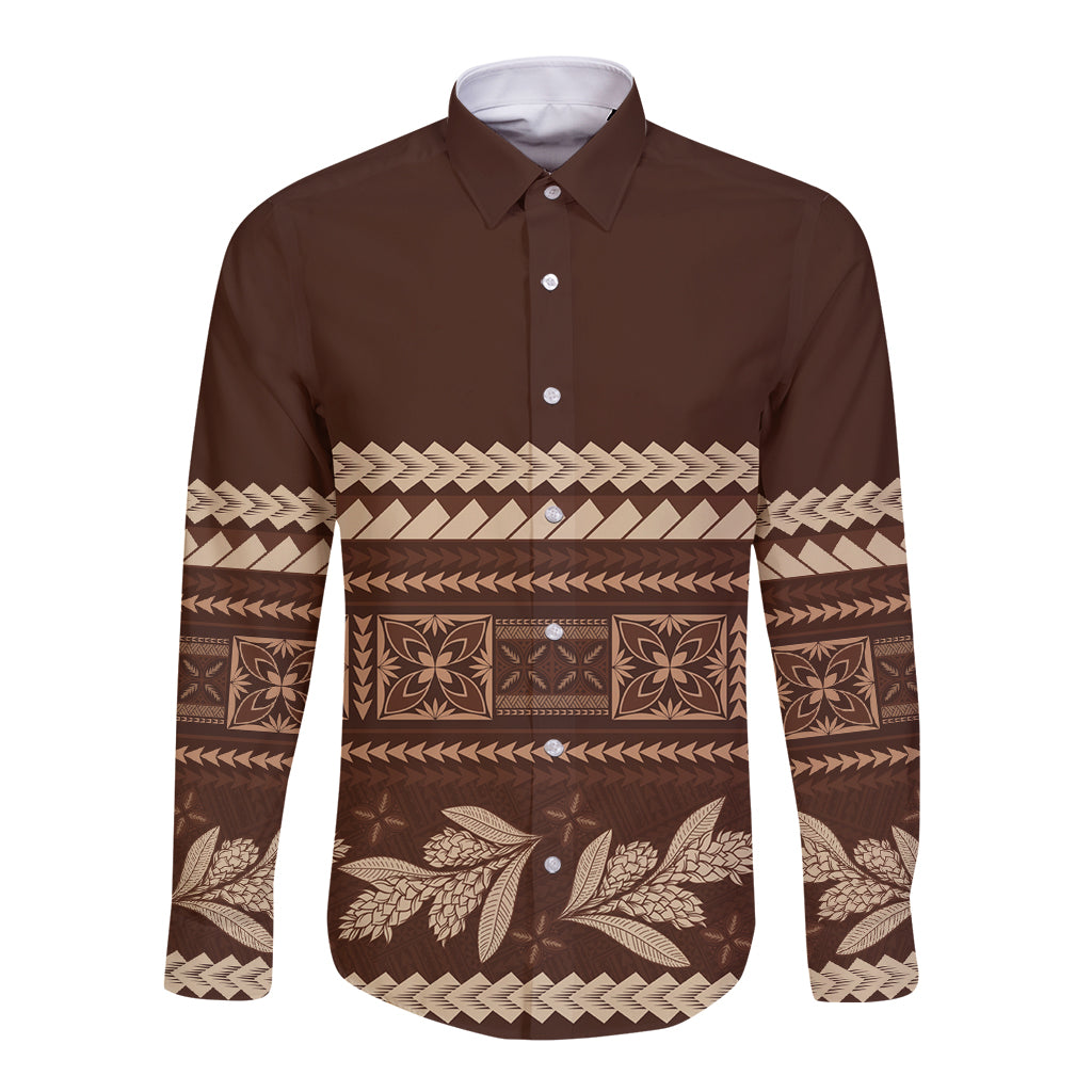 Brown Samoa Siapo Teuila Flowers Long Sleeve Button Shirt