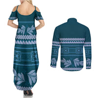 Dark Cyan Samoa Siapo Teuila Flowers Couples Matching Summer Maxi Dress and Long Sleeve Button Shirt