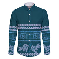 Dark Cyan Samoa Siapo Teuila Flowers Family Matching Off The Shoulder Long Sleeve Dress and Hawaiian Shirt