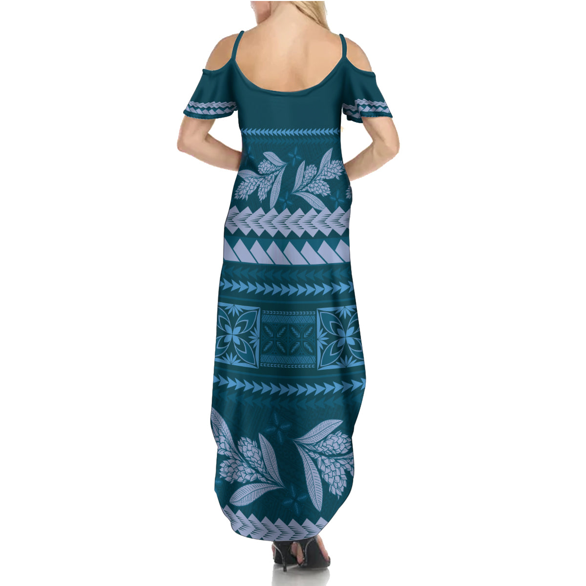 Dark Cyan Samoa Siapo Teuila Flowers Summer Maxi Dress