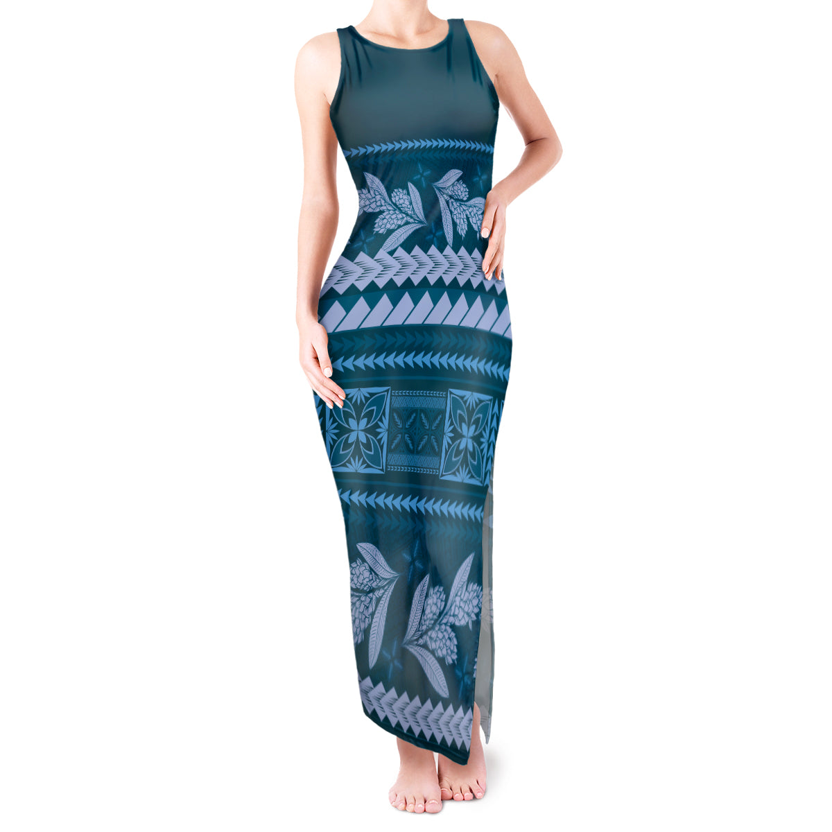 Dark Cyan Samoa Siapo Teuila Flowers Tank Maxi Dress