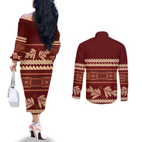 Red Samoa Siapo Teuila Flowers Couples Matching Off The Shoulder Long Sleeve Dress and Long Sleeve Button Shirt