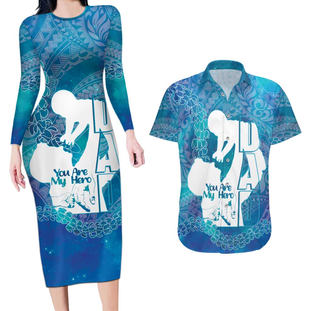 Turquoise Polynesia Father's Day Couples Matching Long Sleeve Bodycon Dress and Hawaiian Shirt Dad You Are My Hero