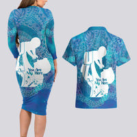 Turquoise Polynesia Father's Day Couples Matching Long Sleeve Bodycon Dress and Hawaiian Shirt Dad You Are My Hero