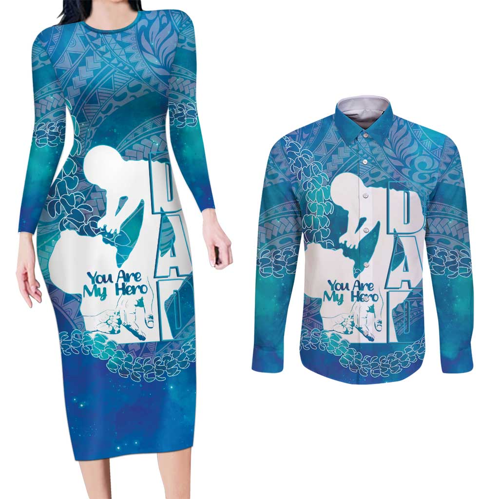Turquoise Polynesia Father's Day Couples Matching Long Sleeve Bodycon Dress and Long Sleeve Button Shirt Dad You Are My Hero
