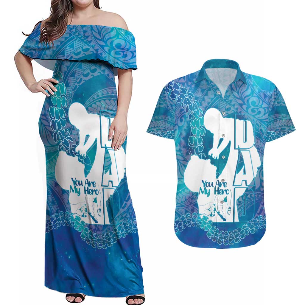 Turquoise Polynesia Father's Day Couples Matching Off Shoulder Maxi Dress and Hawaiian Shirt Dad You Are My Hero