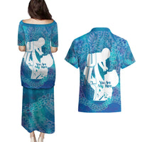 Turquoise Polynesia Father's Day Couples Matching Puletasi and Hawaiian Shirt Dad You Are My Hero