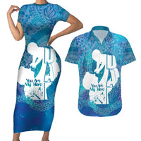 Turquoise Polynesia Father's Day Couples Matching Short Sleeve Bodycon Dress and Hawaiian Shirt Dad You Are My Hero