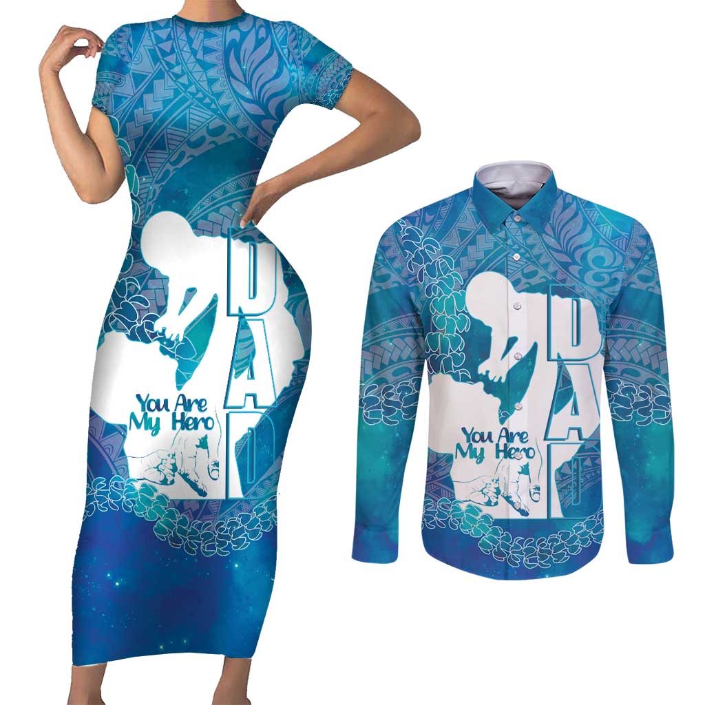 Turquoise Polynesia Father's Day Couples Matching Short Sleeve Bodycon Dress and Long Sleeve Button Shirt Dad You Are My Hero LT14 Turquoise - Polynesian Pride