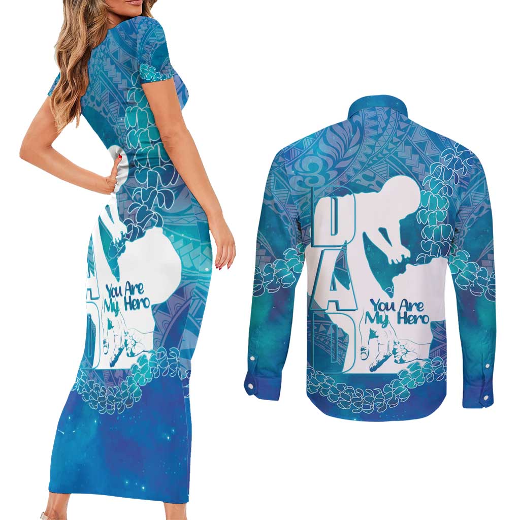 Turquoise Polynesia Father's Day Couples Matching Short Sleeve Bodycon Dress and Long Sleeve Button Shirt Dad You Are My Hero LT14 - Polynesian Pride