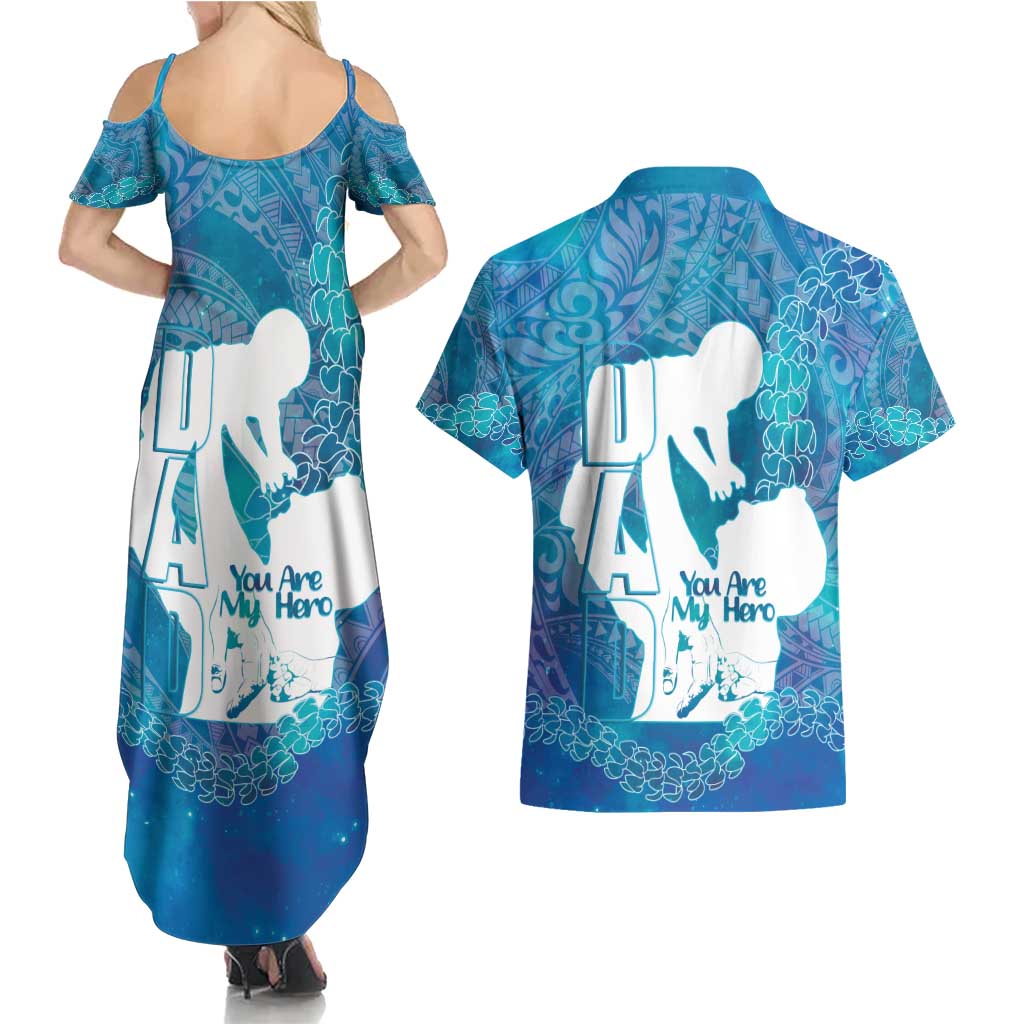 Turquoise Polynesia Father's Day Couples Matching Summer Maxi Dress and Hawaiian Shirt Dad You Are My Hero