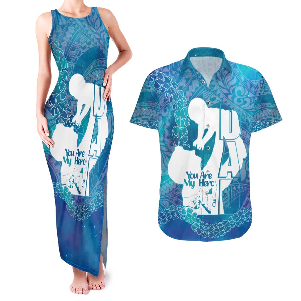 Turquoise Polynesia Father's Day Couples Matching Tank Maxi Dress and Hawaiian Shirt Dad You Are My Hero