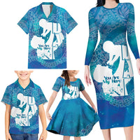 Turquoise Polynesia Father's Day Family Matching Long Sleeve Bodycon Dress and Hawaiian Shirt Dad You Are My Hero