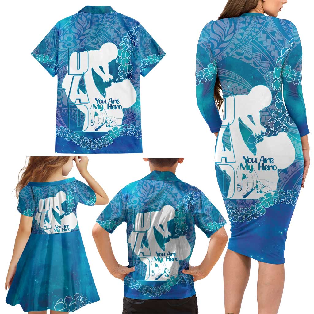 Turquoise Polynesia Father's Day Family Matching Long Sleeve Bodycon Dress and Hawaiian Shirt Dad You Are My Hero