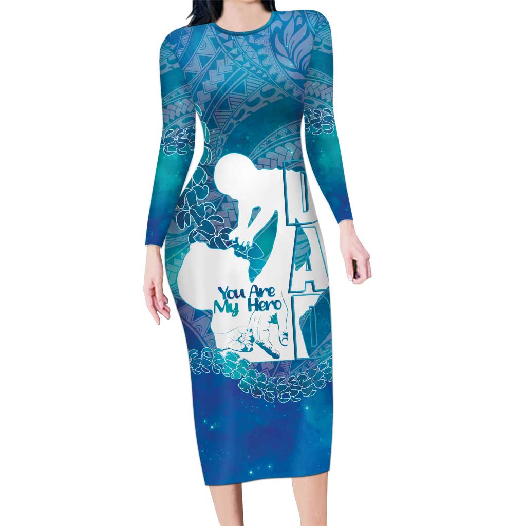 Turquoise Polynesia Father's Day Family Matching Long Sleeve Bodycon Dress and Hawaiian Shirt Dad You Are My Hero