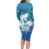 Turquoise Polynesia Father's Day Family Matching Long Sleeve Bodycon Dress and Hawaiian Shirt Dad You Are My Hero