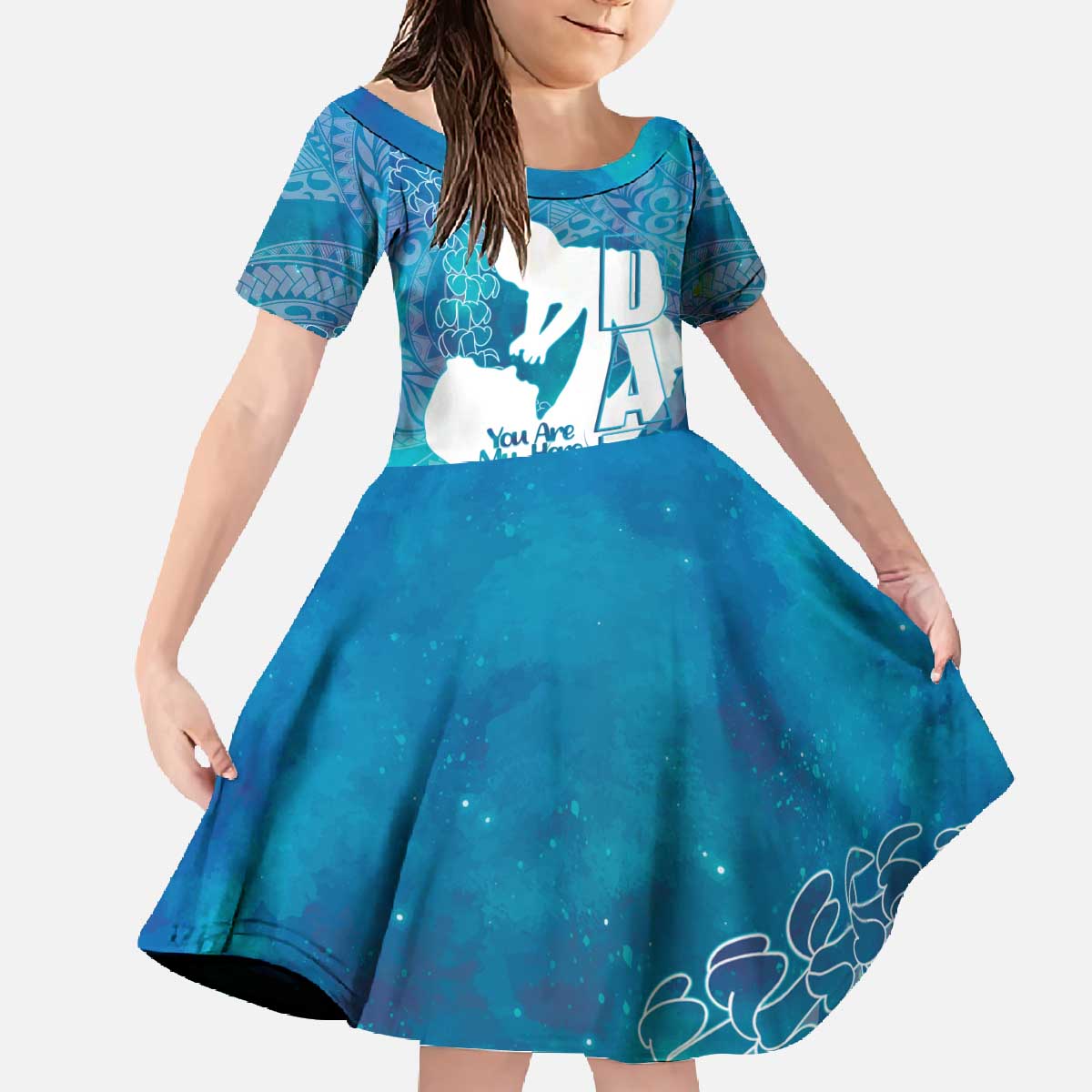 Turquoise Polynesia Father's Day Family Matching Off The Shoulder Long Sleeve Dress and Hawaiian Shirt Dad You Are My Hero