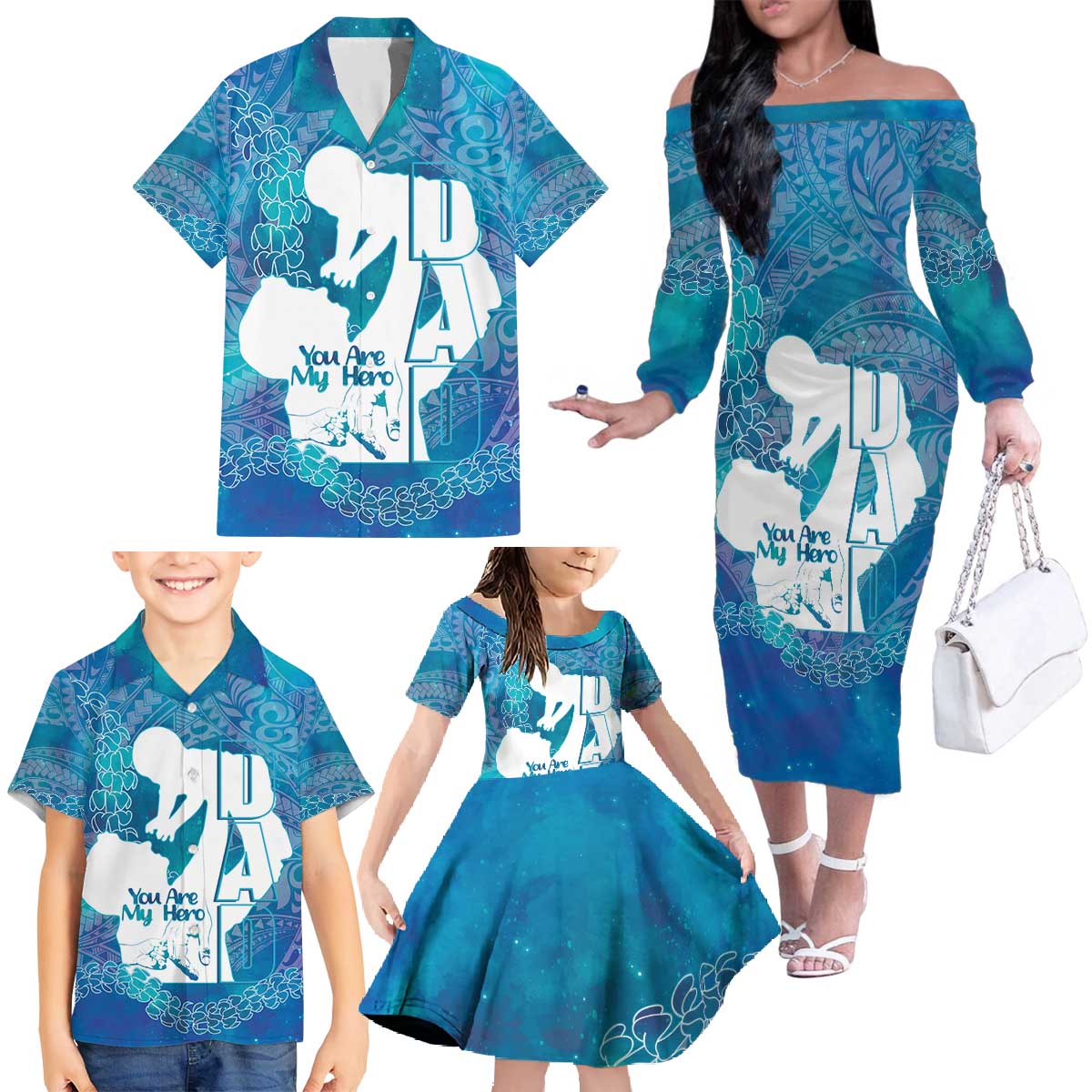 Turquoise Polynesia Father's Day Family Matching Off The Shoulder Long Sleeve Dress and Hawaiian Shirt Dad You Are My Hero