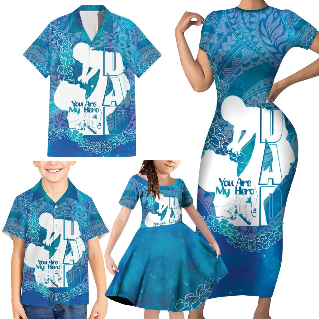 Turquoise Polynesia Father's Day Family Matching Short Sleeve Bodycon Dress and Hawaiian Shirt Dad You Are My Hero
