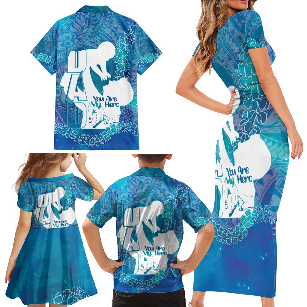 Turquoise Polynesia Father's Day Family Matching Short Sleeve Bodycon Dress and Hawaiian Shirt Dad You Are My Hero